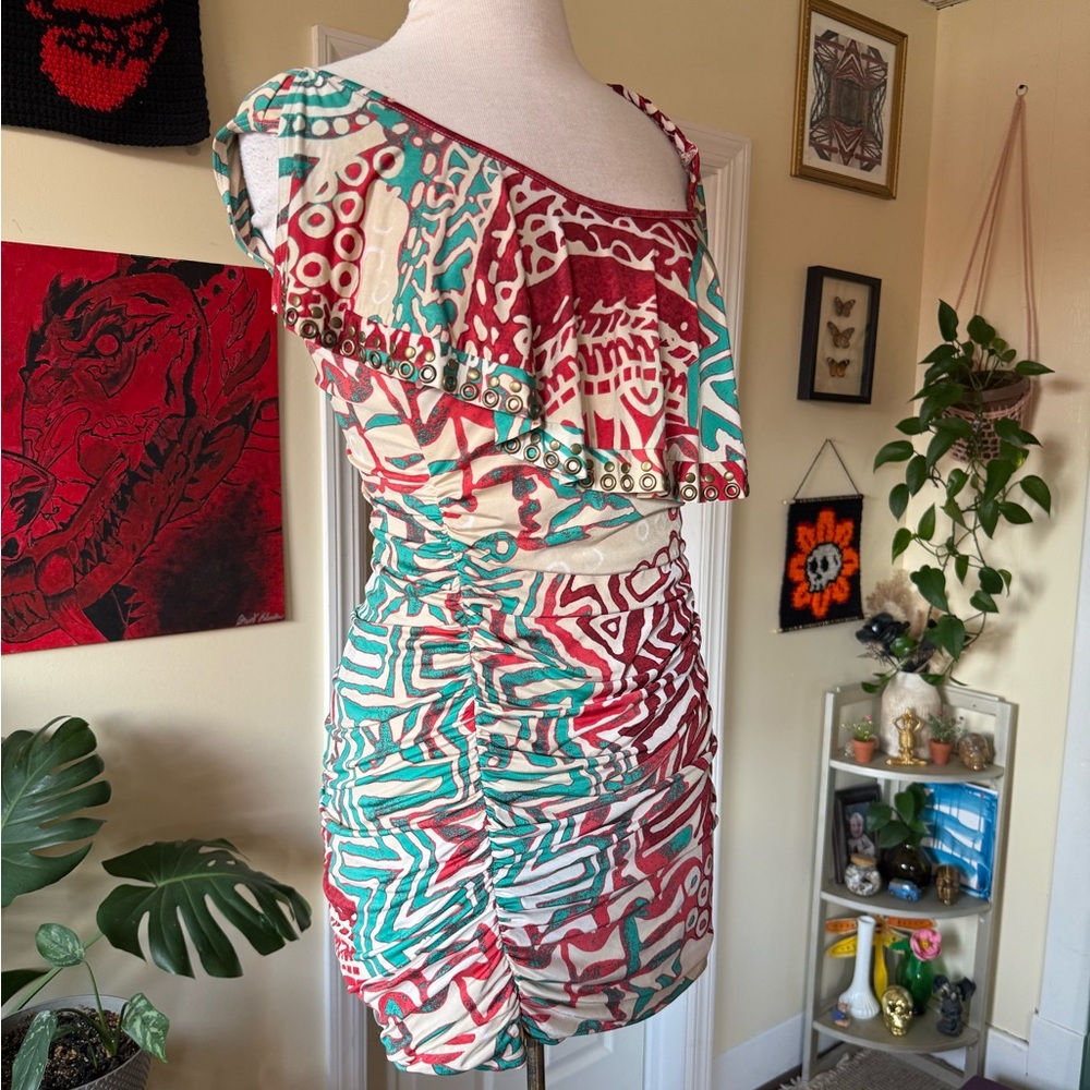 Y2K Colorful Patterned Off-Shoulder Mini Dress With Metal Ring Details - NWT